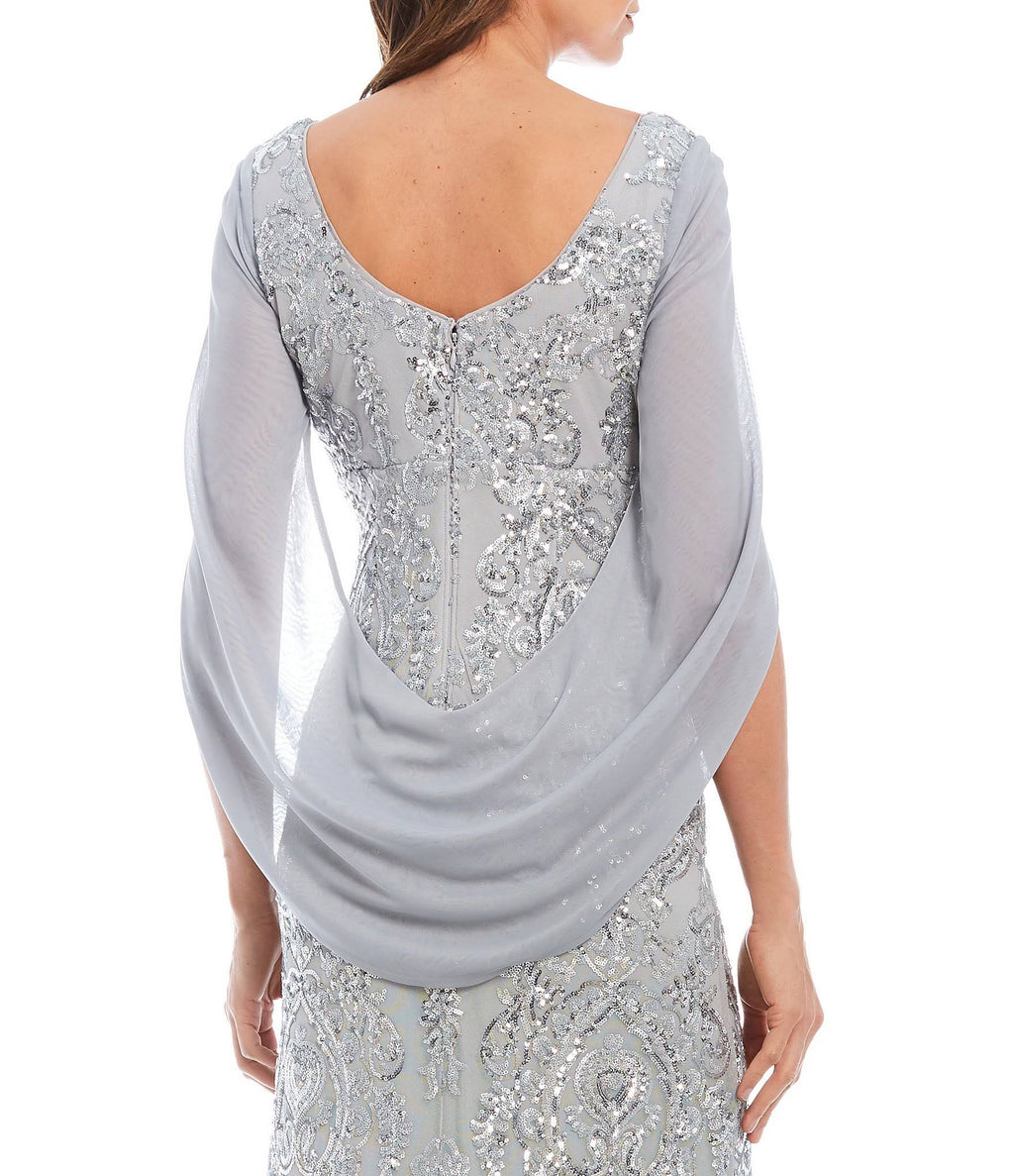 Navy Sequin Drape-Back Cape Gown A6218
