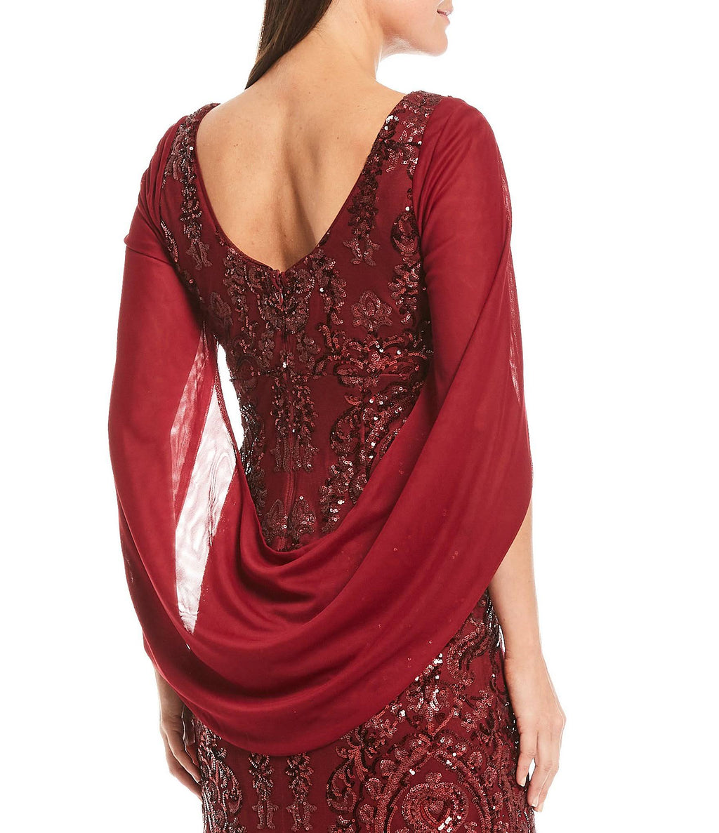 Navy Sequin Drape-Back Cape Gown A6218