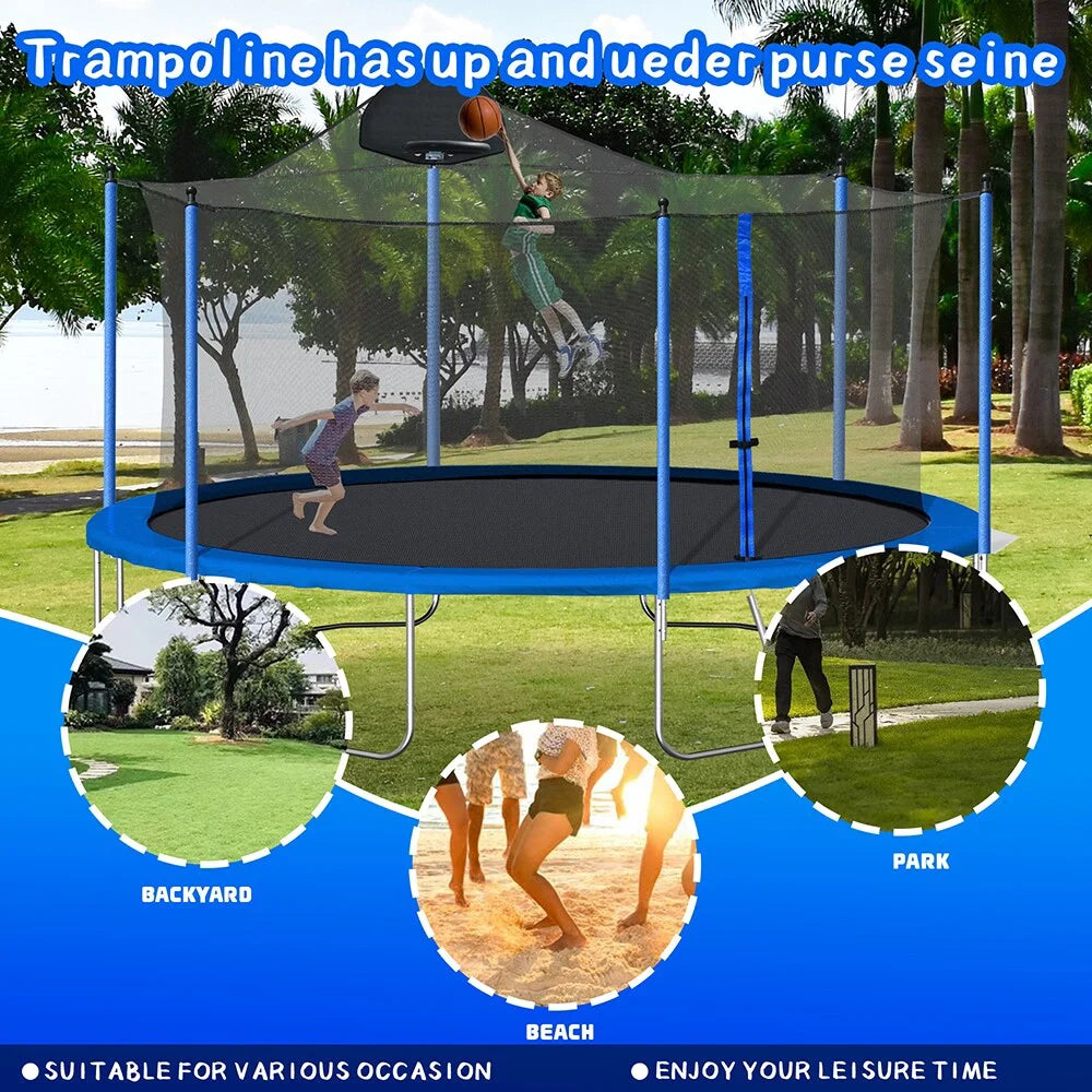 14FT Trampoline with Basketball Hoop, Safety Enclosure Net & Ladder, Blue P372189