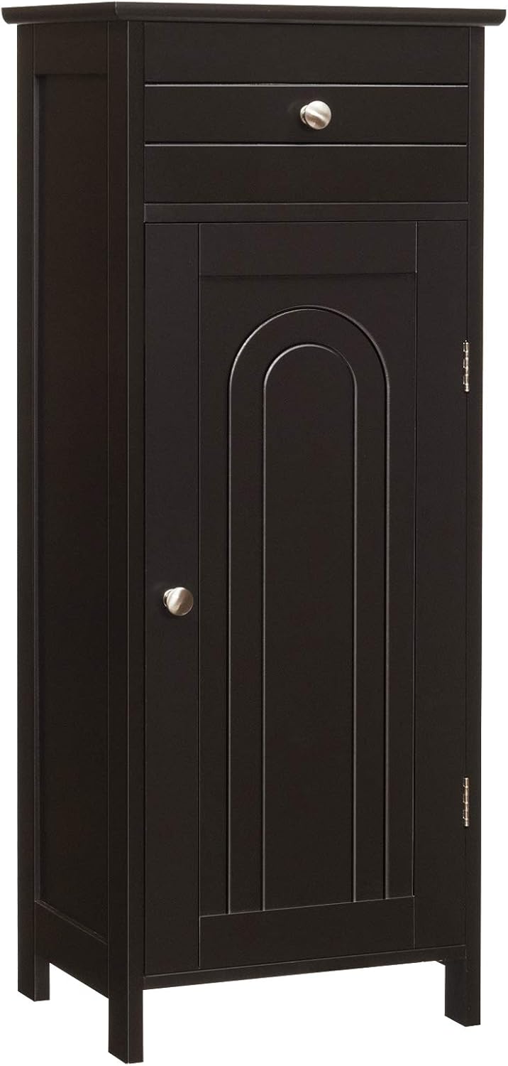 White Wooden Floor Cabinet with Single Door, Large Drawer, and 2 Adjustable Shelves B289526