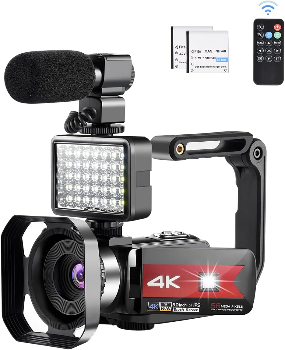 4K Camcorder with LED Light and Microphone, Red H569926