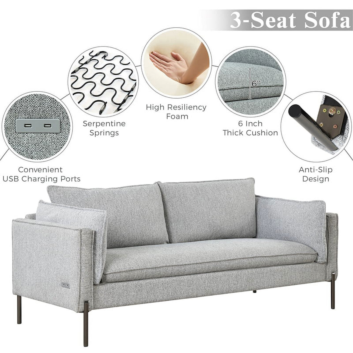 Gray 3 Seat Linen Fabric Sofa V771