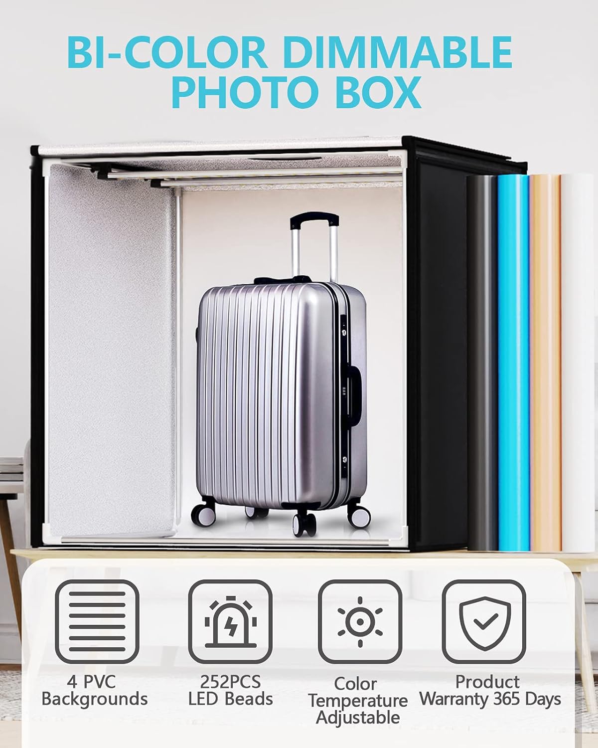 Bi-Color 2600K-8500K Dimmable Photo Light Box with 4 Color Backdrops I912