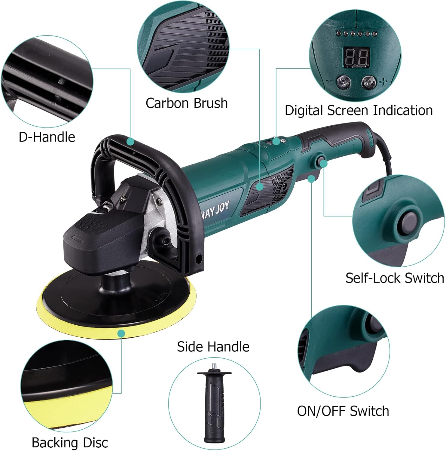 Rotary Car Polisher with 6” and 7“ Backing Plate, 4 Foam Pads N853415