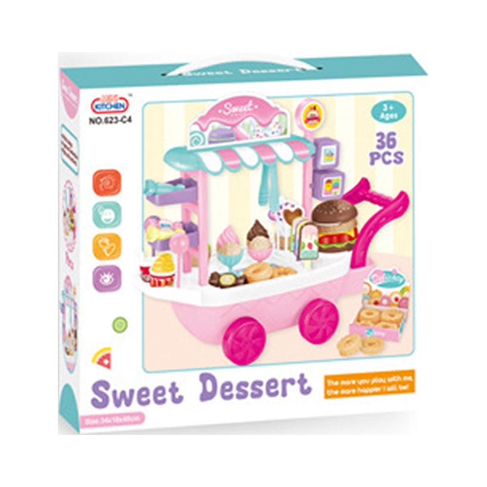 Dessert Candy Trolley Kitchen Toy Set with Umbrella Food Dishes Q30844