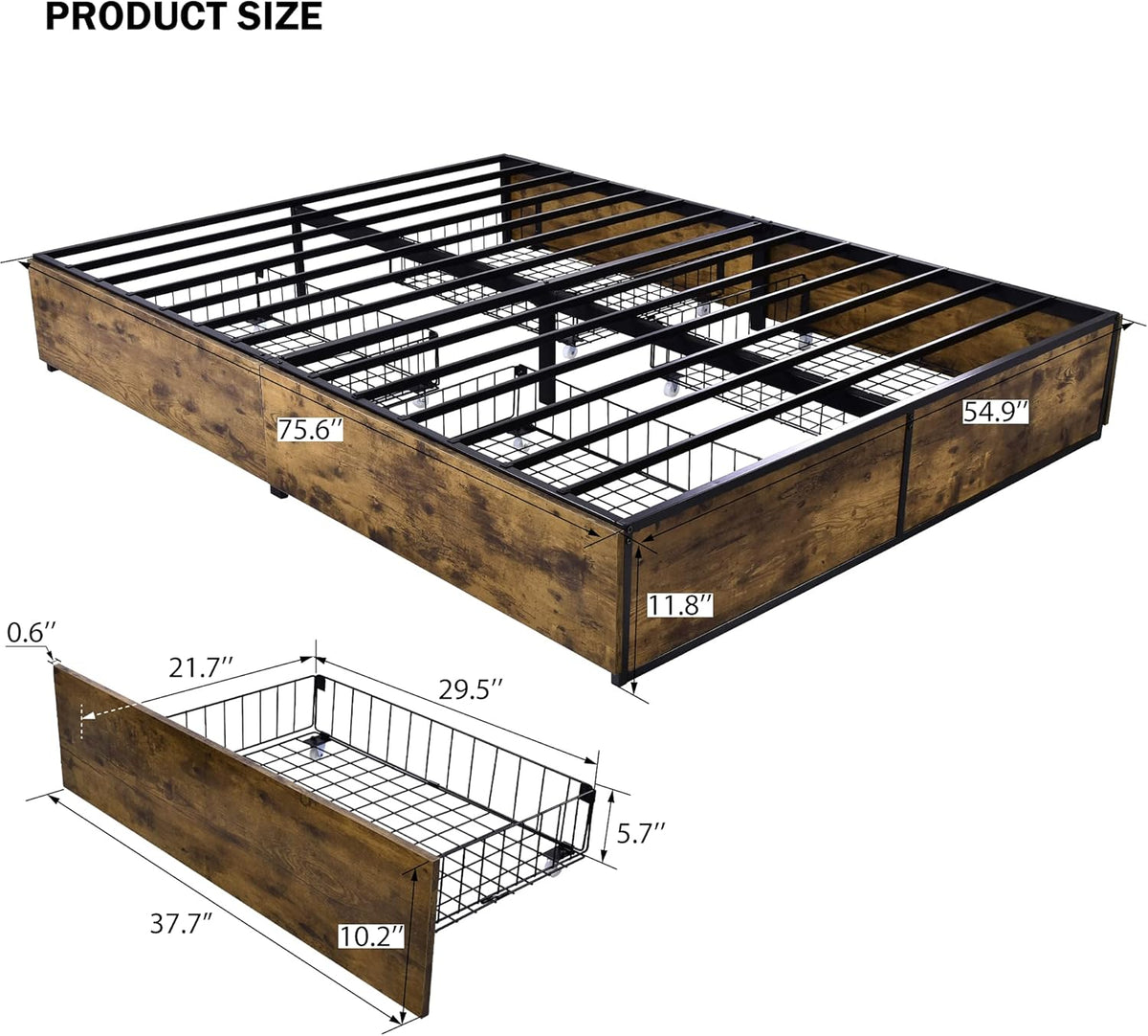 Industrial Full Size Metal Frame Bed with 4 Drawers A4882