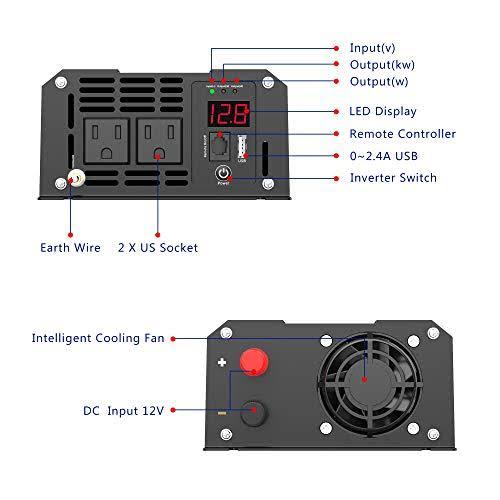 1200W Pure Sine Wave Power Inverter DC 12V to AC 120V with Remote Control USB Port LED Display M6829