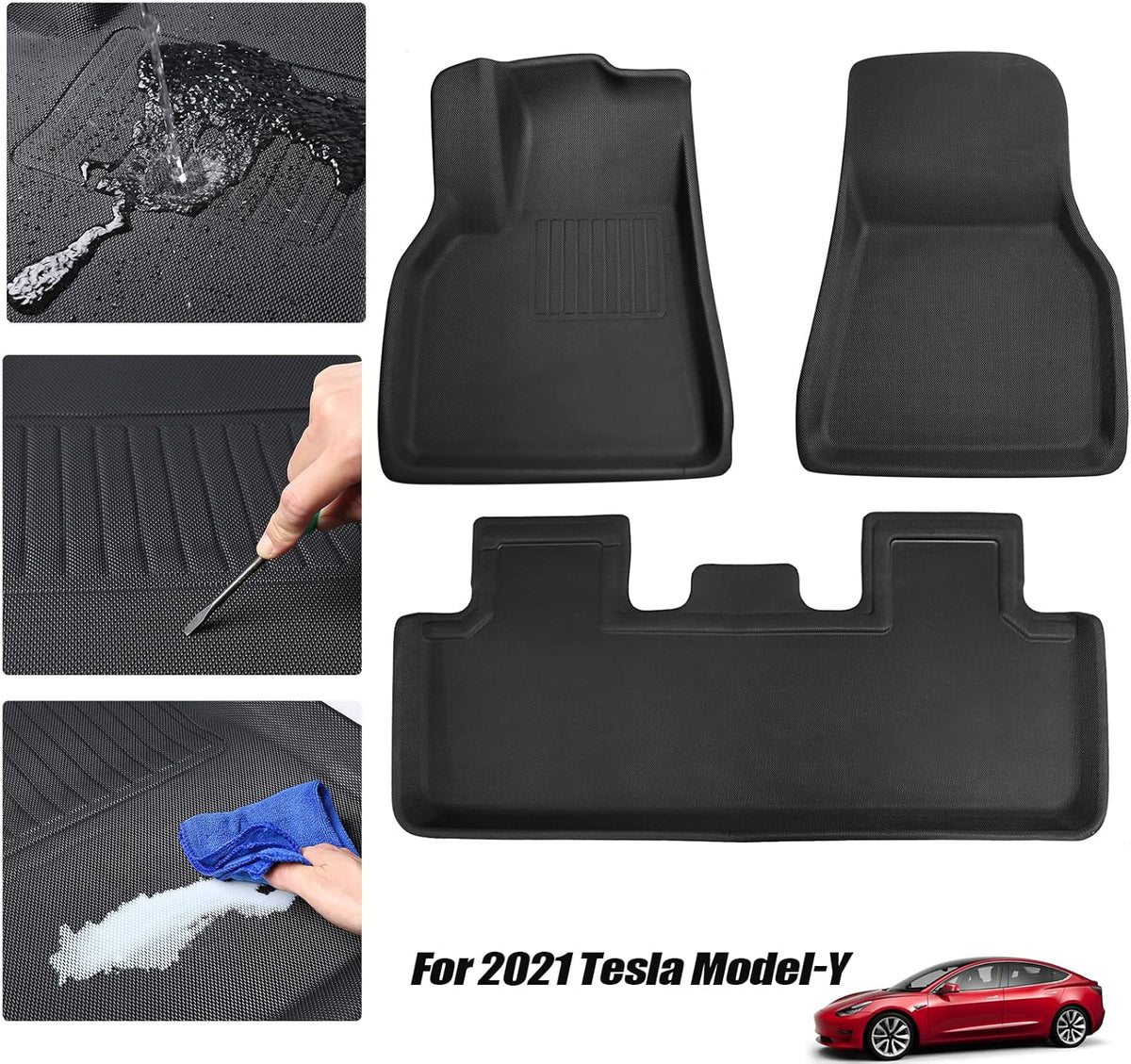 Black All-Weather Waterproof Floor Mats for Tesla Model Y 2020 2021 2022 Custom Fit XPE Car Floor Liners Cargo Tray Trunk Snowproof 1st & 2nd Row X316