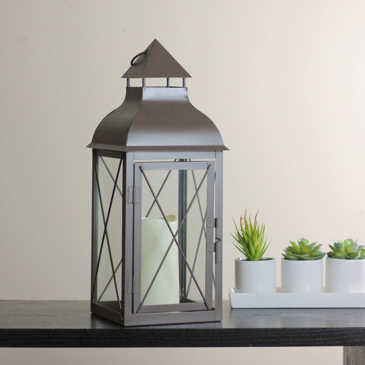 Metallic Brown Lantern with Flameless LED Pillar Candle D881
