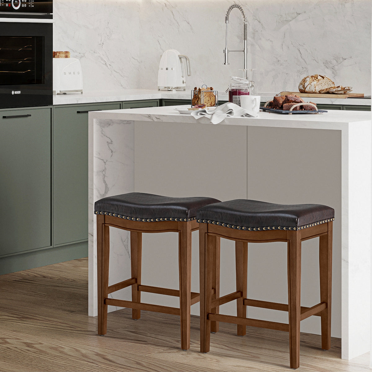 Walnut Upholstered Wooden Bar Stools, Set of 2 H989