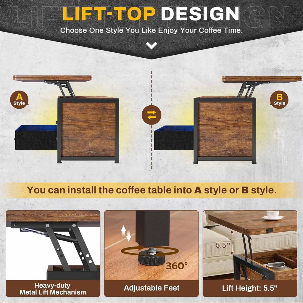Rustic Brown 40" Lift Top Coffee Table with Storage Cabinet and 2 Fabric Drawers Y544