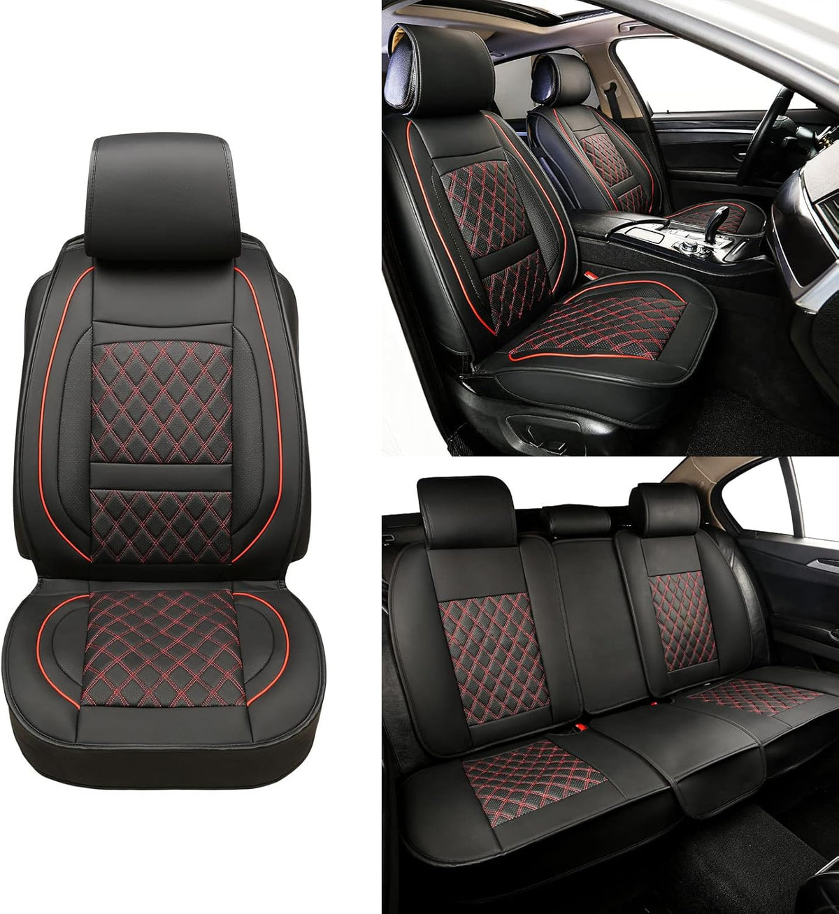 Black and Red Leather Car Seat Covers with 2 Backseat Storage K6646