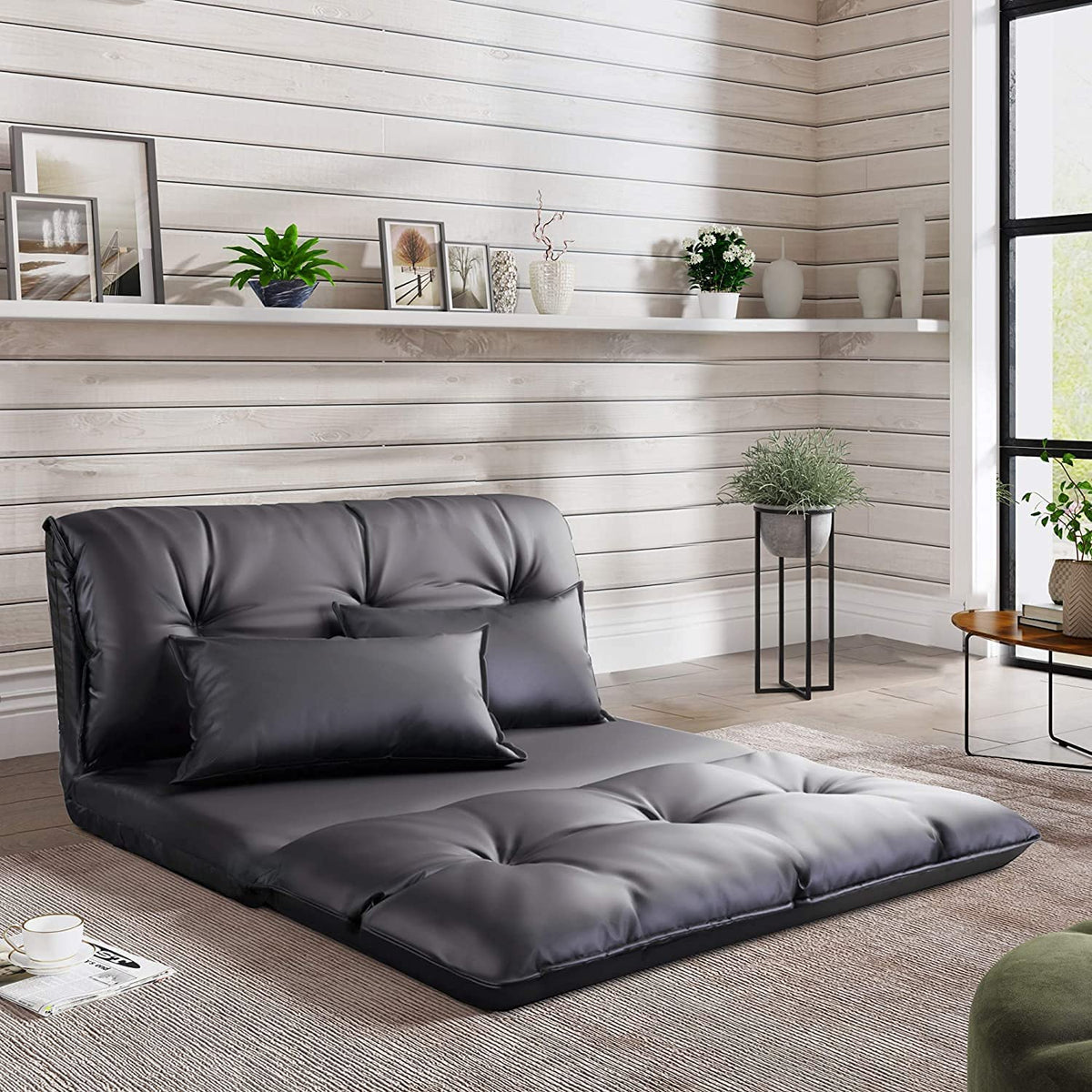 Adjustable Floor Sofa Bed with 2 Pillows, 5 Reclining Position, Black Z229957