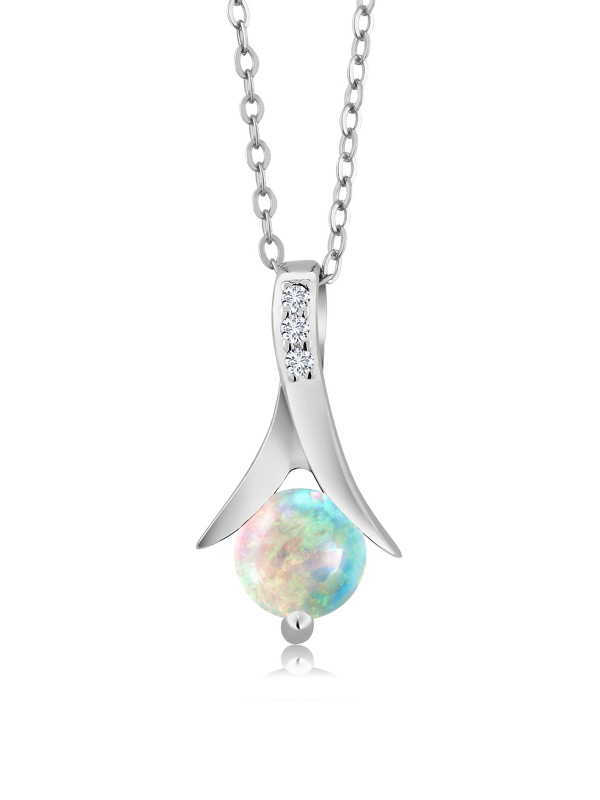 1.05 Ct Round Cabochon White Simulated Opal 925 Sterling Silver Pendant with Chain N338183