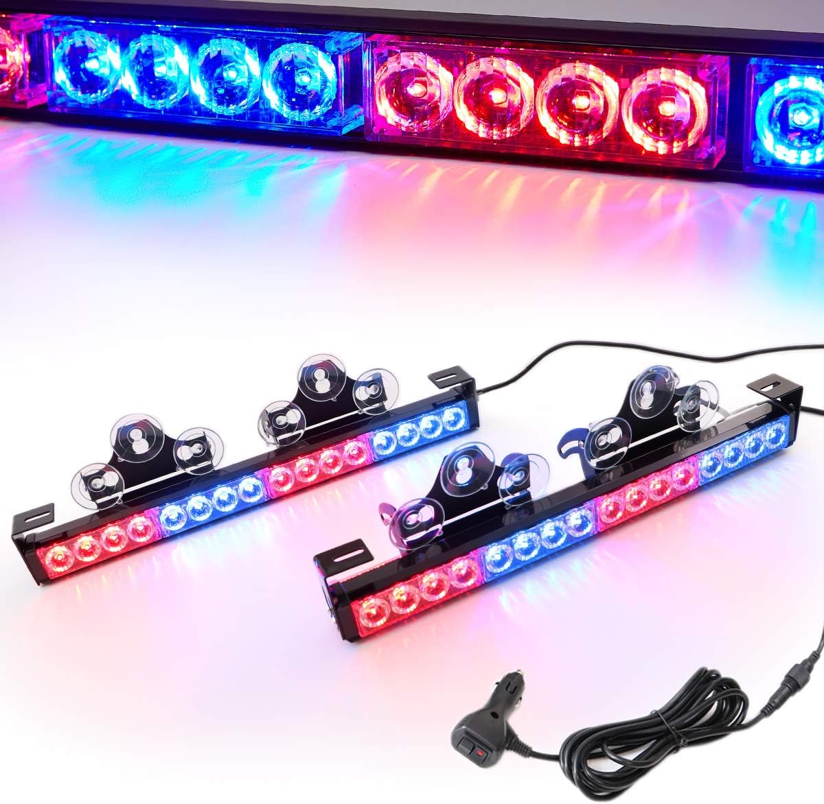 2 in 1 Emergency Strobe Light Bar 21 Flash Patterns Traffic Advisor Warning Hazard Windshield Safety Lights Bar with Cigar Lighter (2×16.8 inch, 32 Led) Pack of 2 R252