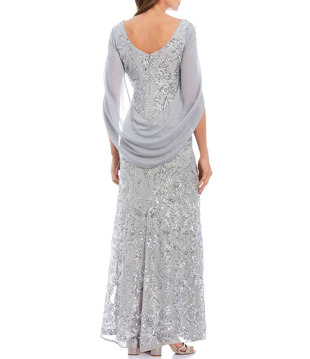 Navy Sequin Drape-Back Cape Gown A6218