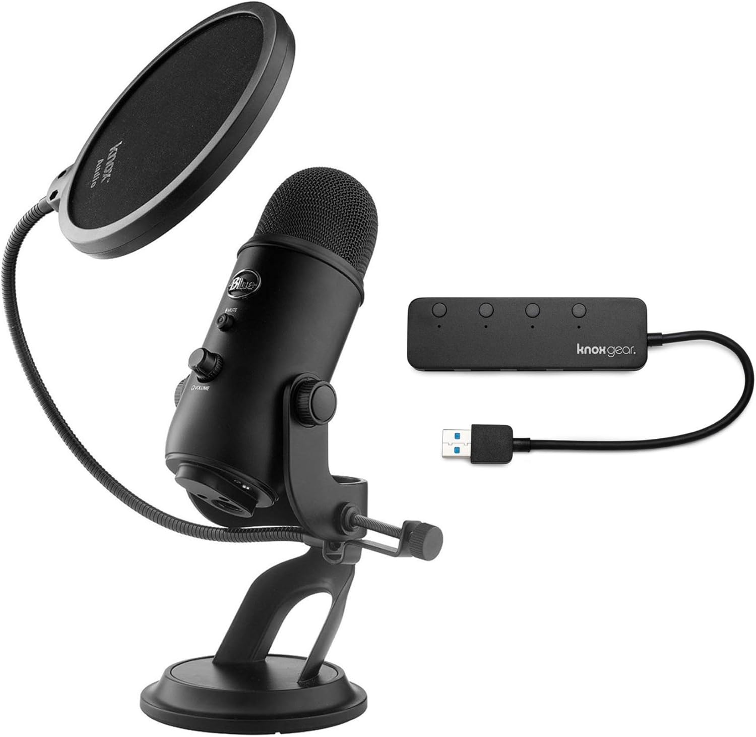 Blue Yeti Microphone with Pop Filter and 4 Port USB Hub D4022