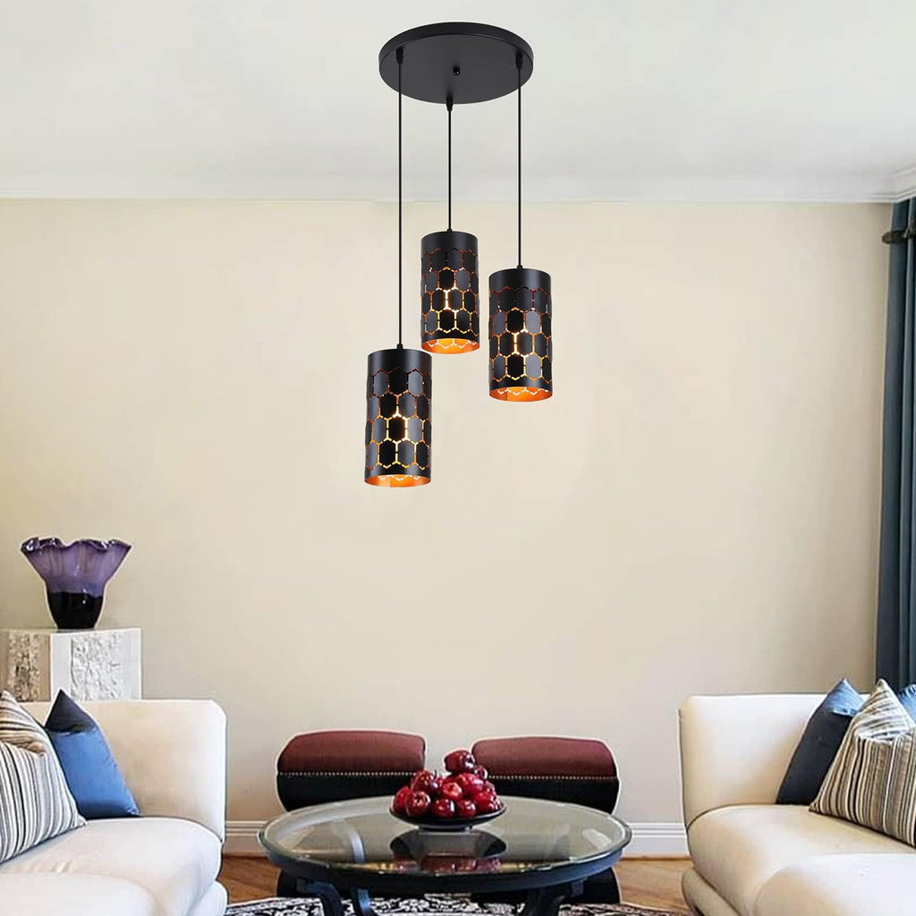 3-Light Kitchen Island Pendant Light Fixture, Gold Inner and Black U73419
