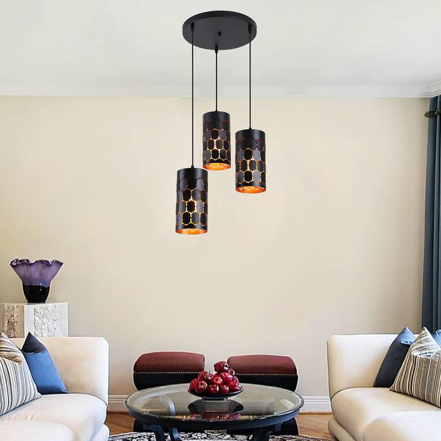 3-Light Kitchen Island Pendant Light Fixture, Gold Inner and Black U73419