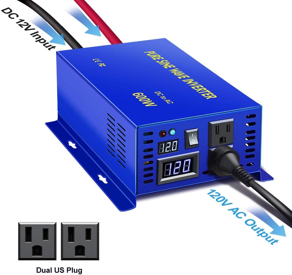 600W Pure Sine Wave Inverter 12v to 110v 120v dc to ac Dual US Plug R4471