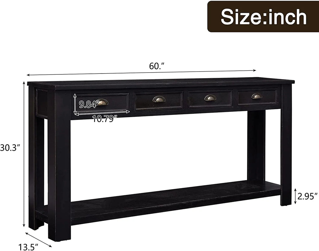 Black 60” Long Console Table with 4 Drawers & Storage Shelf S828302