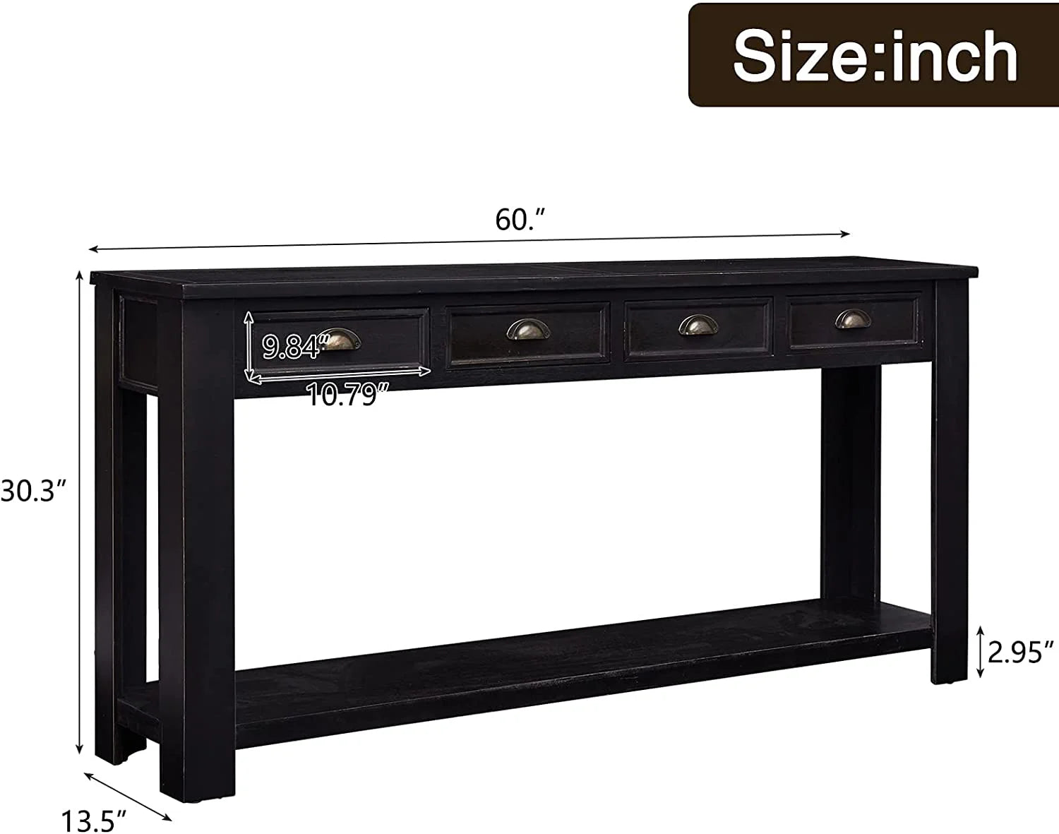 Black 60” Long Console Table with 4 Drawers & Storage Shelf S828302