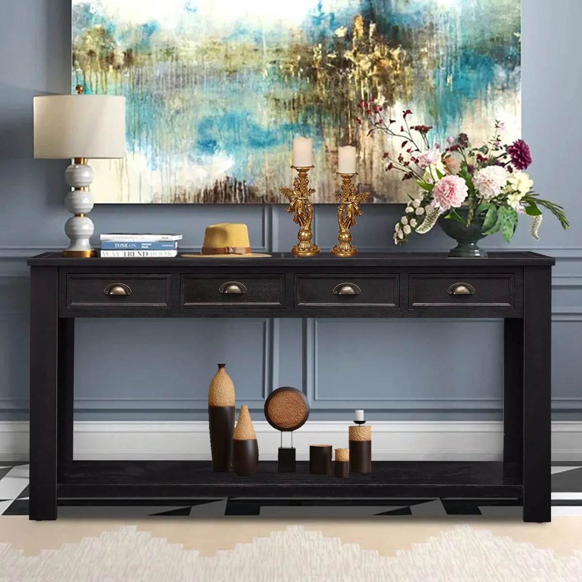Black 60” Long Console Table with 4 Drawers & Storage Shelf S828302