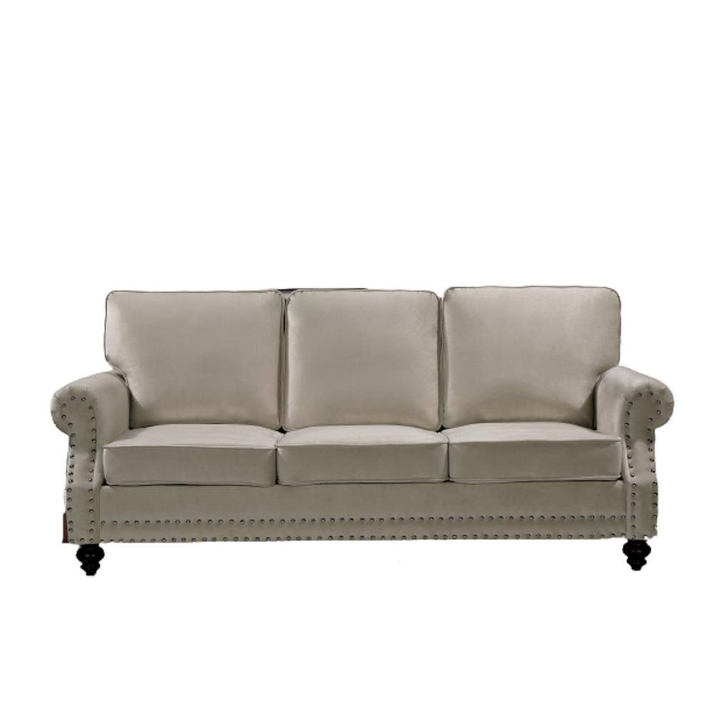 Beige Nailhead Velvet Sofa W14724