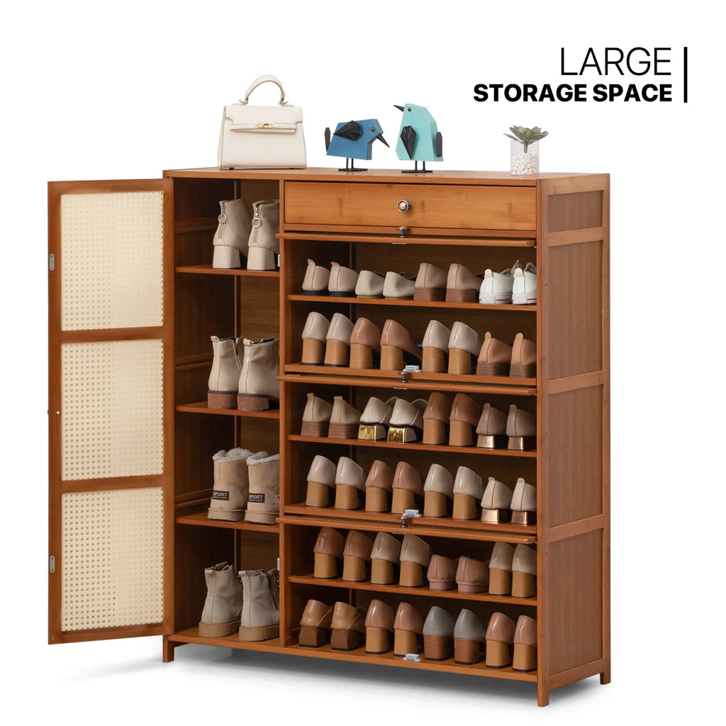 Bamboo 28 Pairs Shoe Cabinet with Rattan Doors and Boots Compartments B431