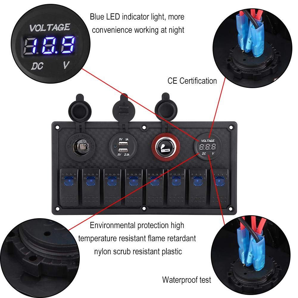 8 Gang Dual USB Voltmeter Cigarette Lighter Rocker Switch Control Panel E11593