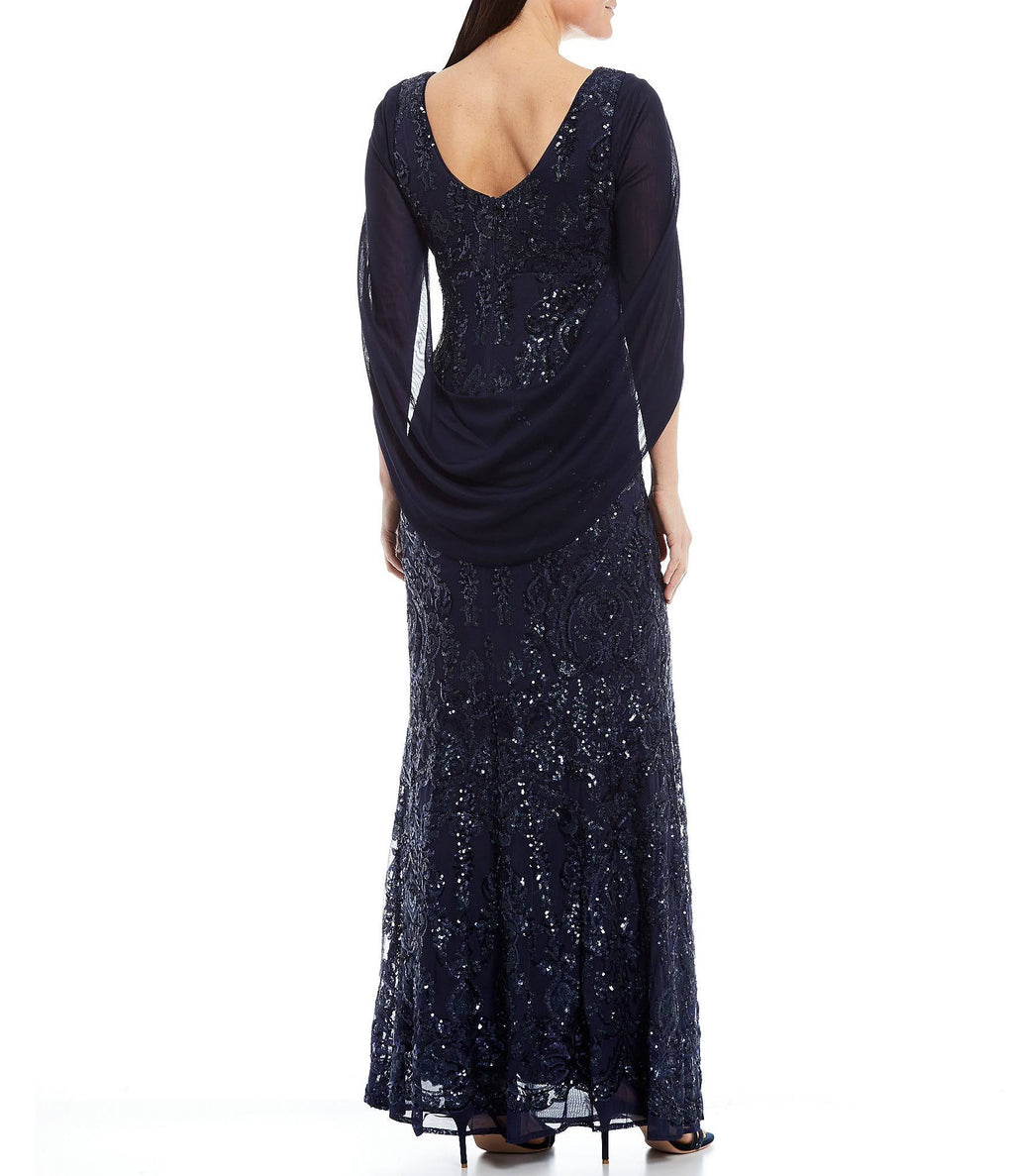 Navy Sequin Drape-Back Cape Gown A6218