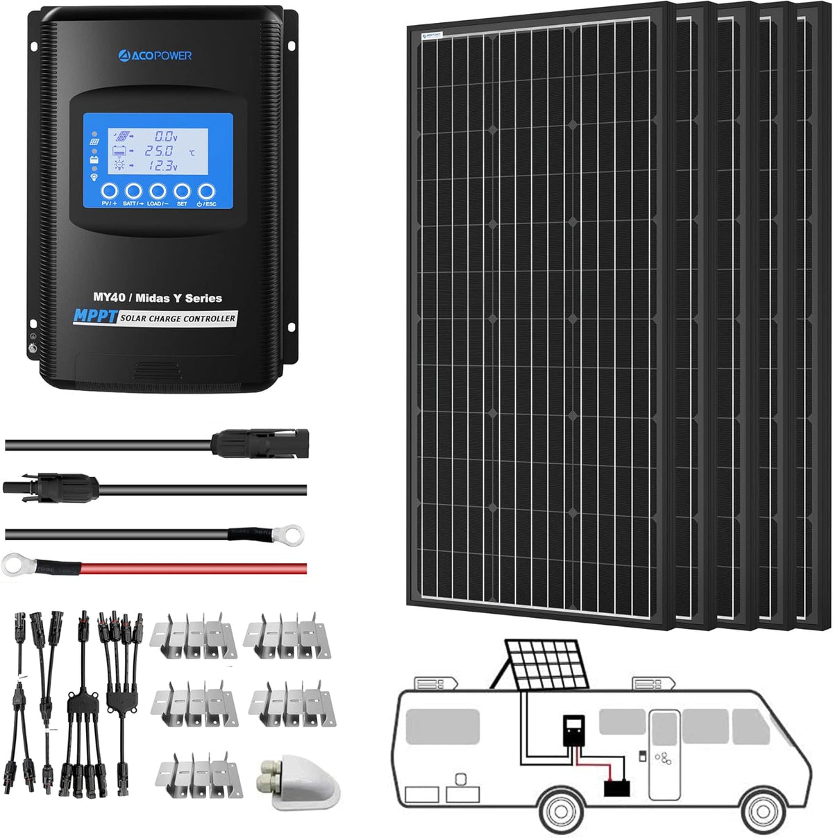 500 Watt Monocrystalline Solar Panel Kit with 40A MPPT LCD Charge Controller H628