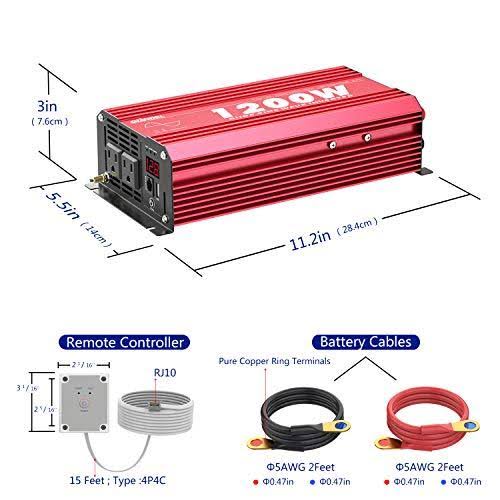 1200W Pure Sine Wave Power Inverter DC 12V to AC 120V with Remote Control USB Port LED Display M6829