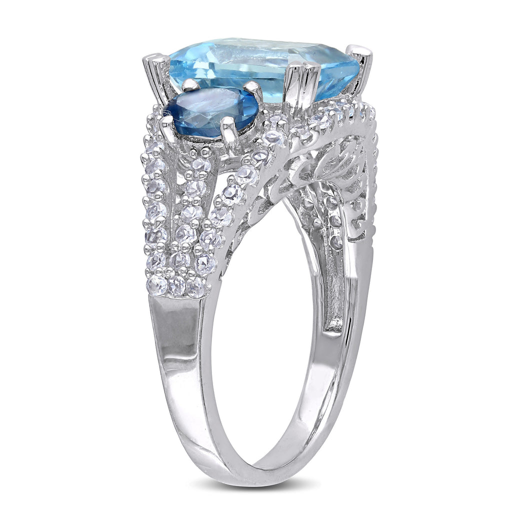 Oval & Octagon-Cut Sky & London Blue Topaz and Created White Sapphire Sterling Silver 3-Stone Ring K303628