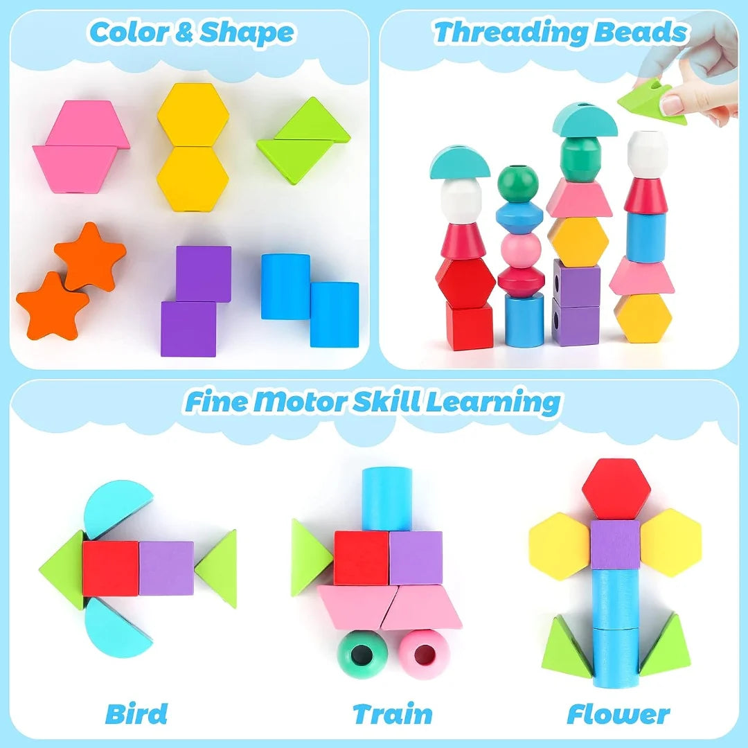Wooden Bead Sequencing Toy Set Stacking Blocks Lacing Beads Matching Shape Colors Stacker Montessori Toys W17456