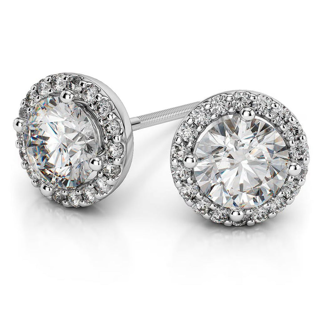18K White Gold Diamond Halo Stud Earrings Screw-Back M254557