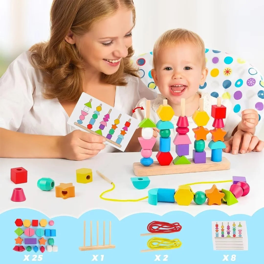 Wooden Bead Sequencing Toy Set Stacking Blocks Lacing Beads Matching Shape Colors Stacker Montessori Toys W17456