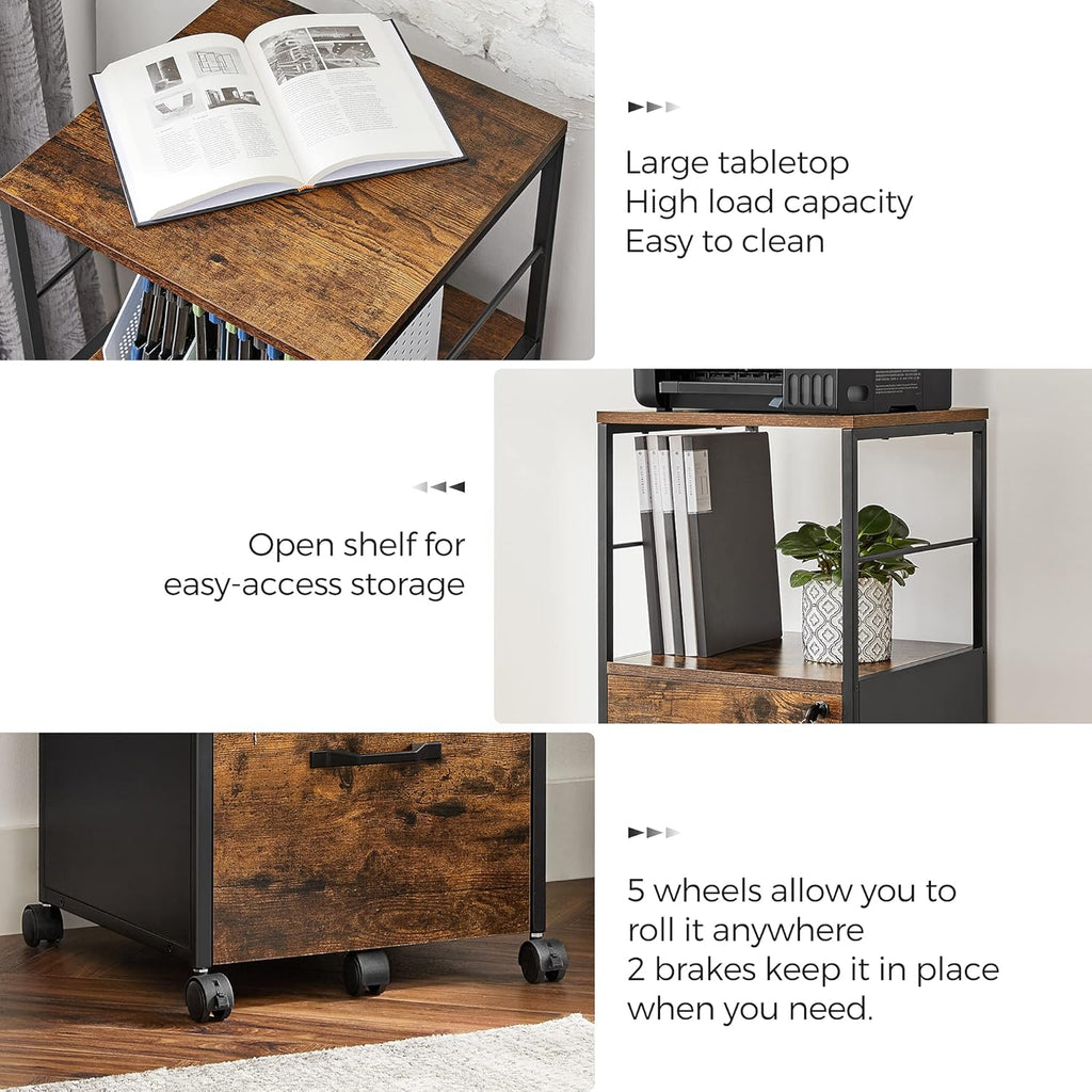 Rustic Brown and Black Rolling File Cabinet with Drawer and Lock Z331024