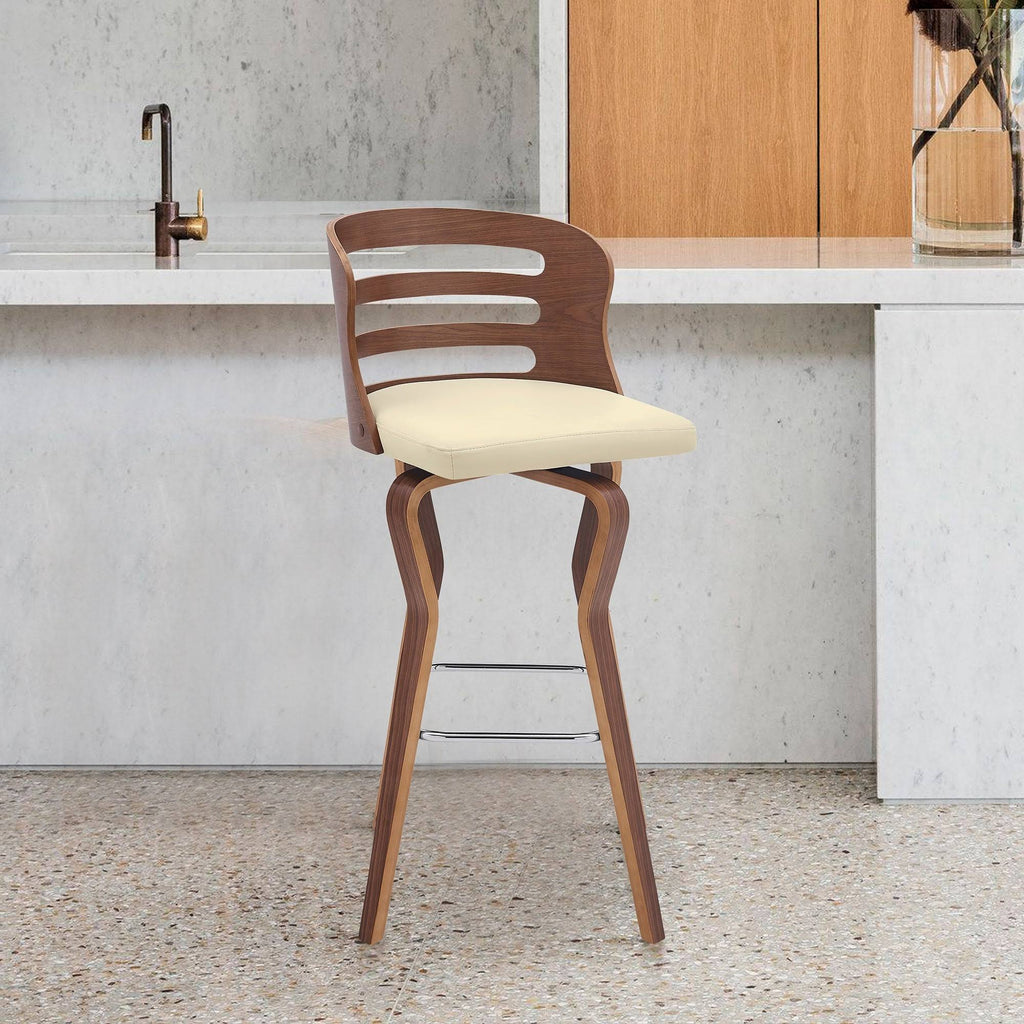 Swivel Cream Faux Leather and Walnut Wood Bar Stool C408450