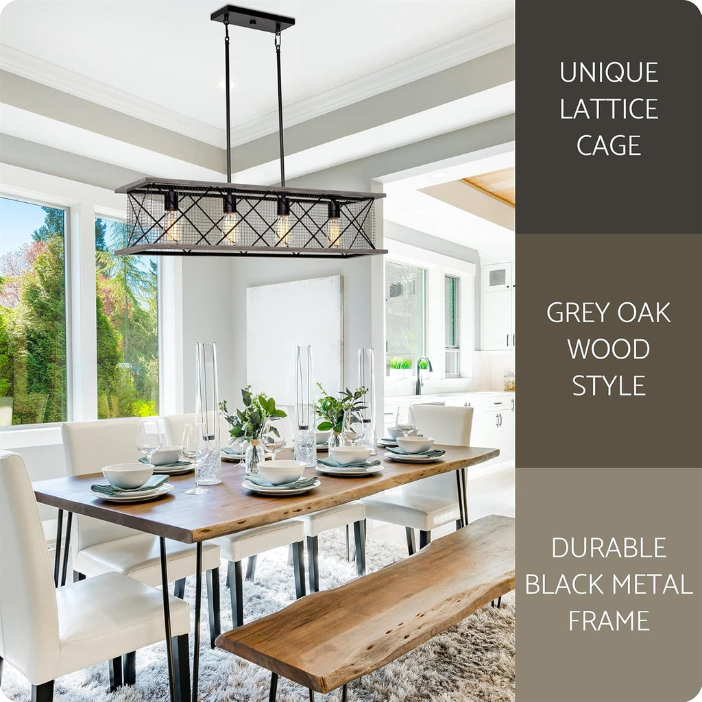 Gray Oak Wood Style Black Finish 4-Light Kitchen Island Light S363