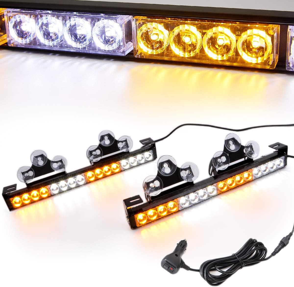 2 in 1 Emergency Strobe Light Bar 21 Flash Patterns Traffic Advisor Warning Hazard Windshield Safety Lights Bar with Cigar Lighter (2×16.8 inch, 32 Led) Pack of 2 R252
