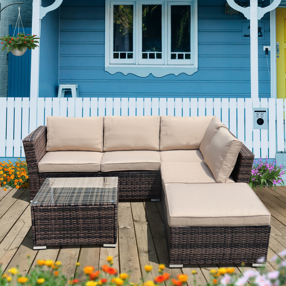4-Piece Outdoor Rattan Sectional Sofa with Tempered Glass Table P494