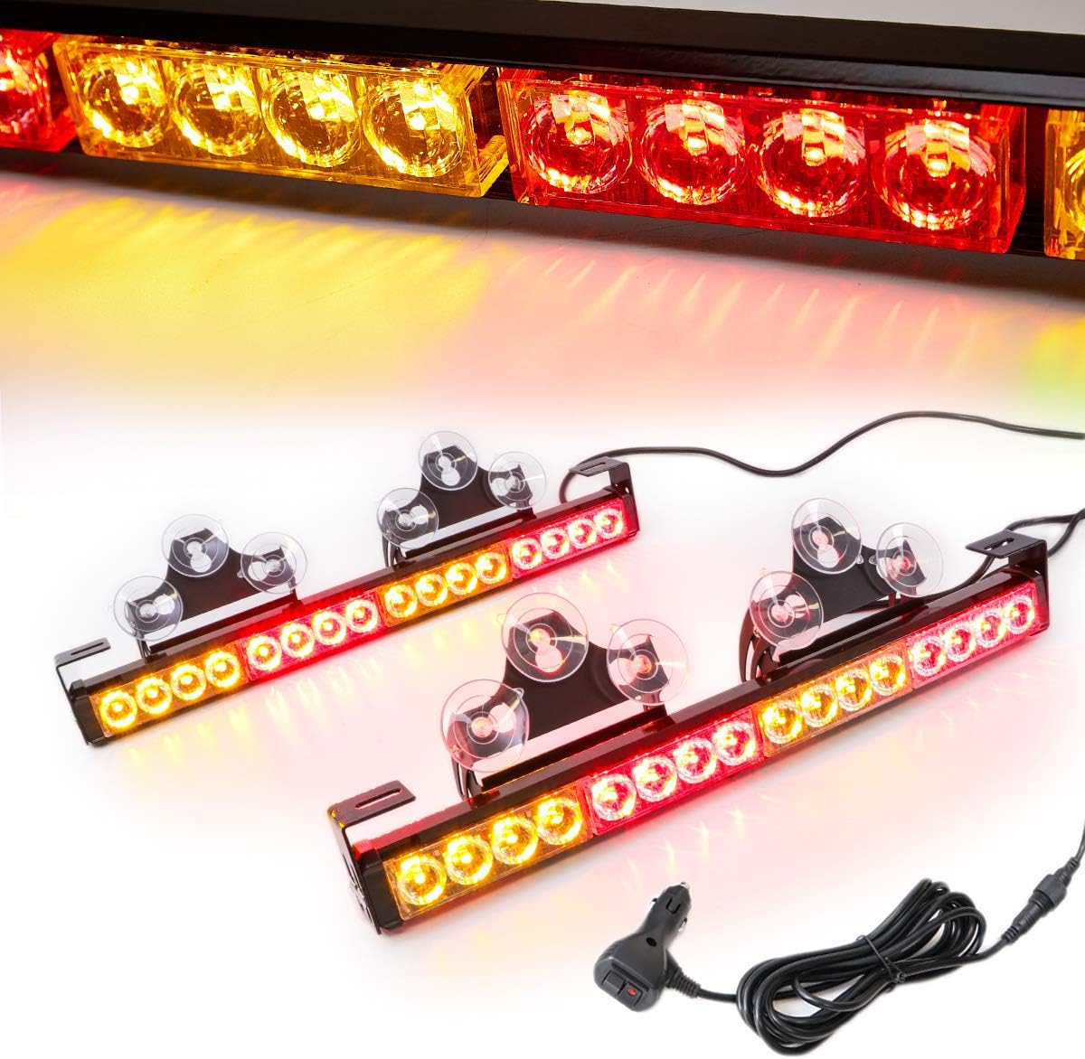 2 in 1 Emergency Strobe Light Bar 21 Flash Patterns Traffic Advisor Warning Hazard Windshield Safety Lights Bar with Cigar Lighter (2×16.8 inch, 32 Led) Pack of 2 R252
