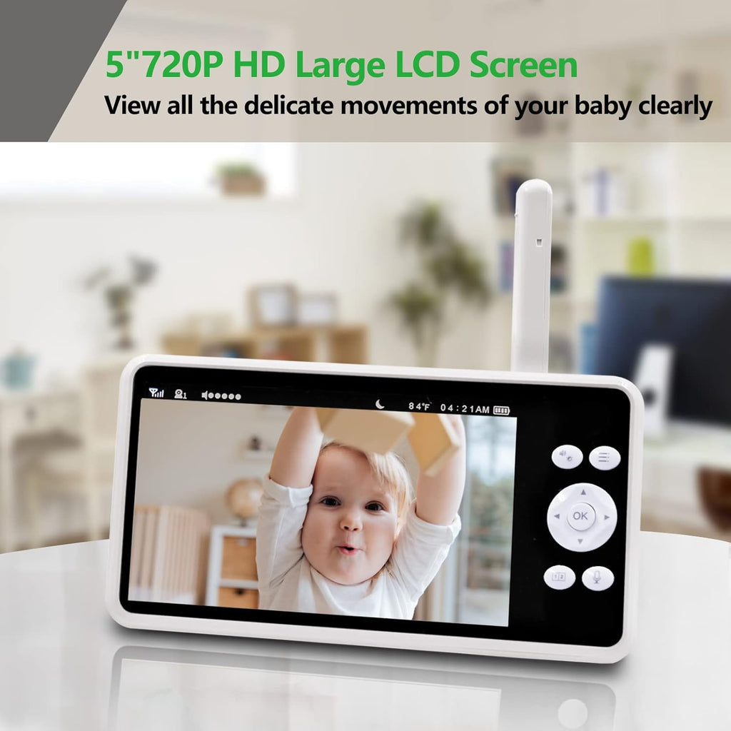 Video Baby Monitor with 1080P Camera and Audio, No WiFi, 1000ft Range Night Vision 5 HD Screen, Pan Tilt Zoom Camera, 2Way Audio, Room Temperature, Motion/Sound Alert X270490