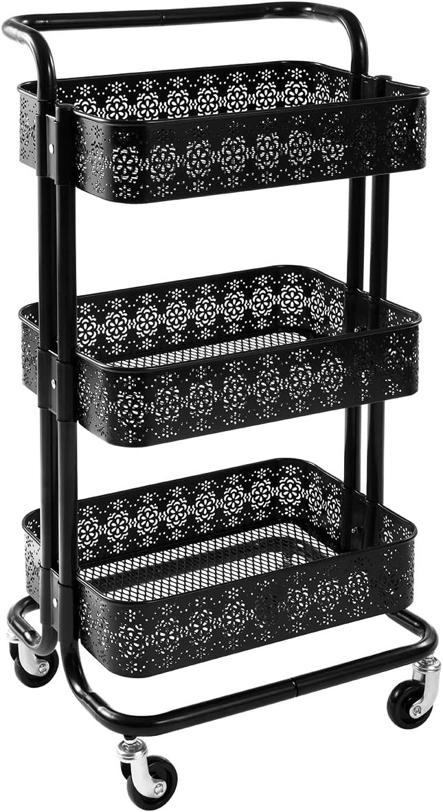 Black 3 Tier Metal Rolling Storage Cart E21268