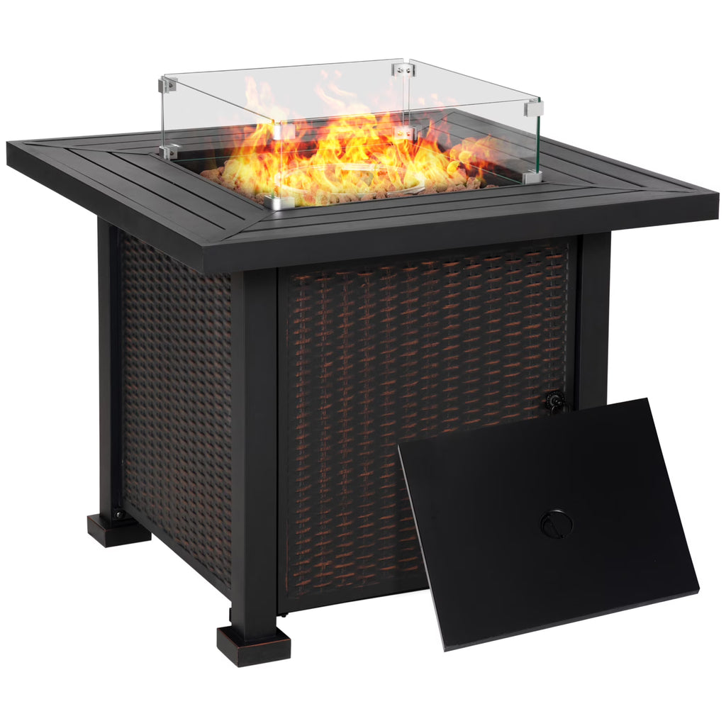 34 Inch Outdoor Propane Gas Fire Pit Table with Glass Wind Guard, Lid, Lava Rocks, Steel Base R39670