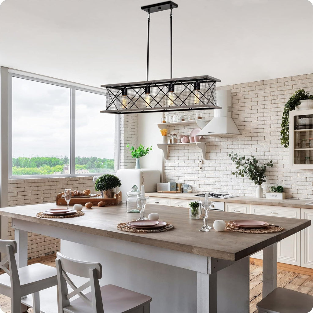 Gray Oak Wood Style Black Finish 4-Light Kitchen Island Light S363