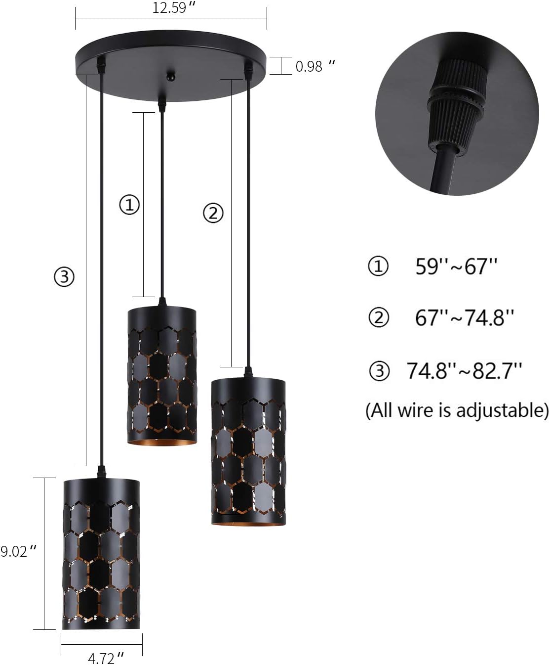 3-Light Kitchen Island Pendant Light Fixture, Gold Inner and Black U73419