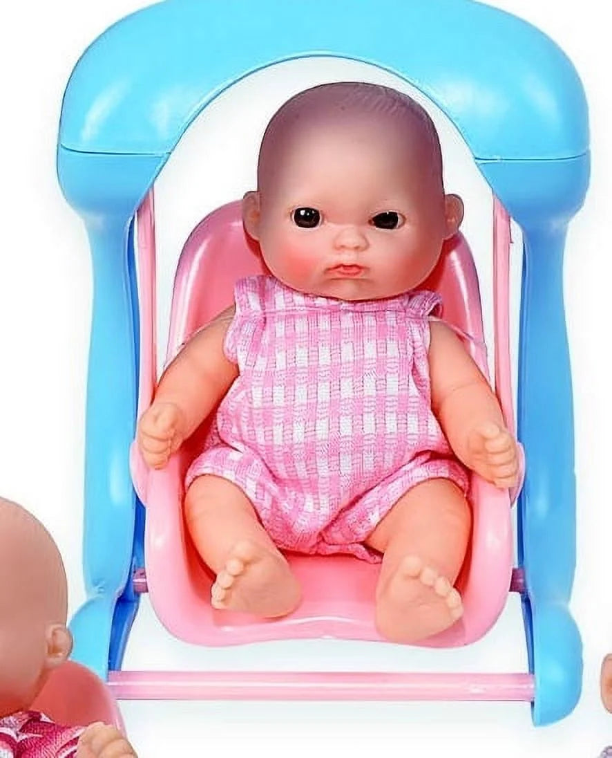 Set of 6 Scary Baby Mini Dolls with Cradle, High Chair, Walker, Bathtub, Swing, and Baby Seat O71175