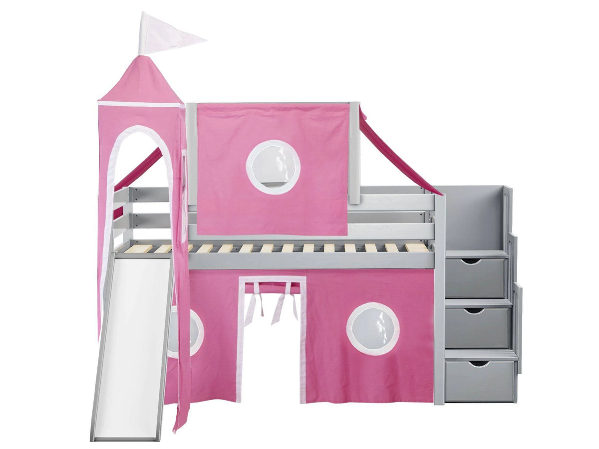 Pink & White Twin Loft Bed with Slide and Tent D535891